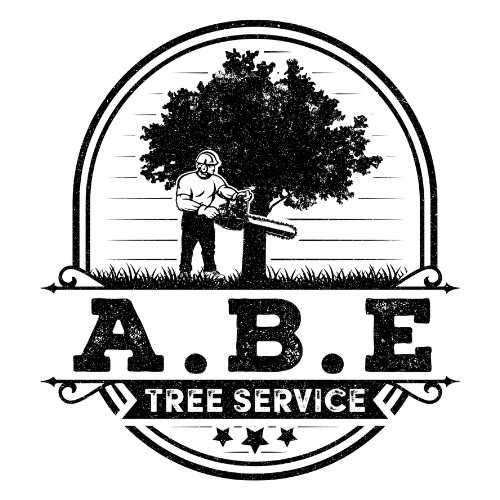 Logo of A.B.E Tree Service, a Lehigh County tree company, featuring an illustration of a person using a chainsaw to cut a tree. The design is enclosed in a circular border with stars and the text "TREE SERVICE" below "A.B.E".