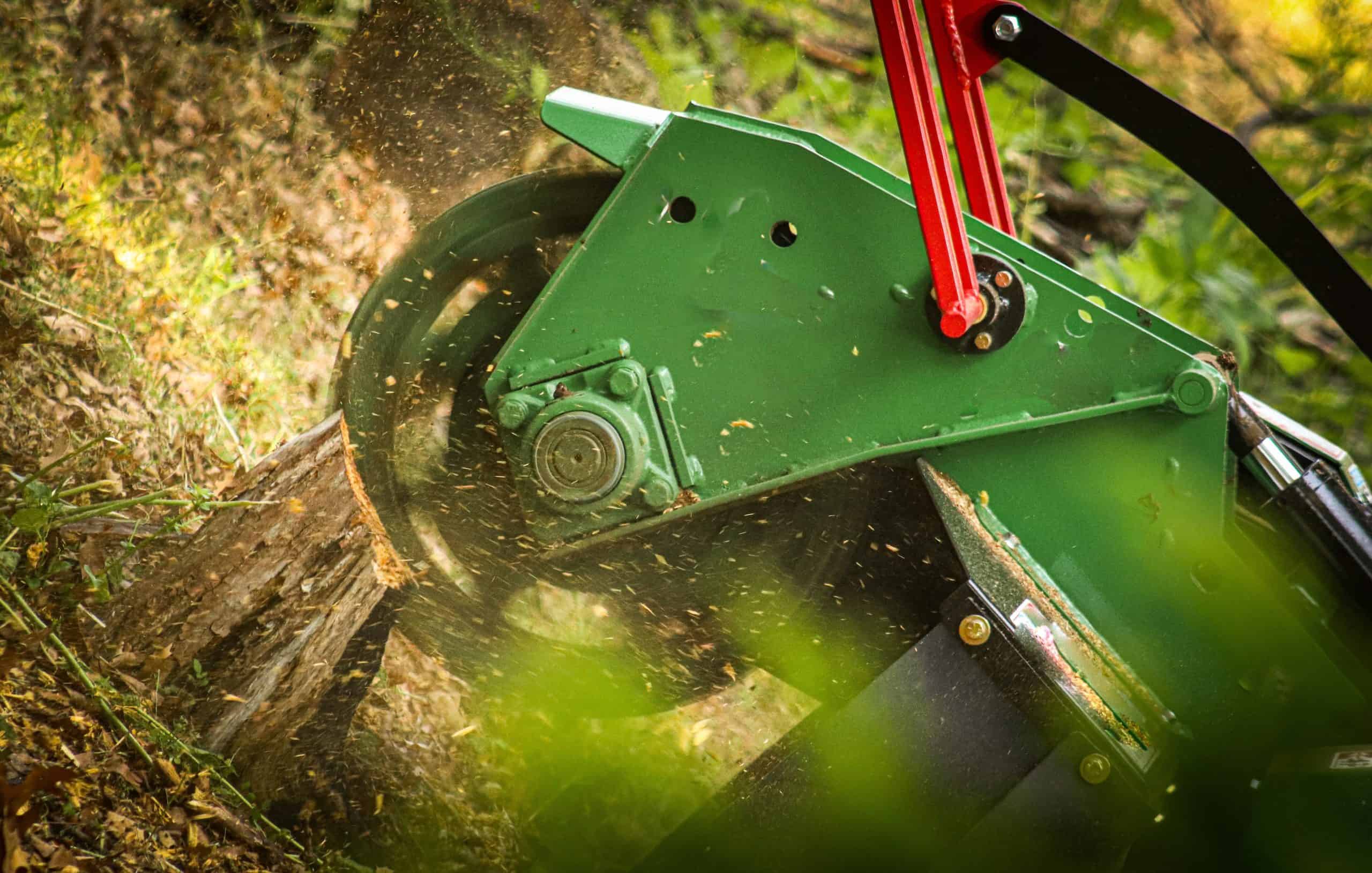 A green stump grinder slices through a tree stump, sending wood chips and sawdust into the air. The machine, with its striking red arm, showcases the expertise of a Lehigh County tree company, against a lush backdrop of greenery.